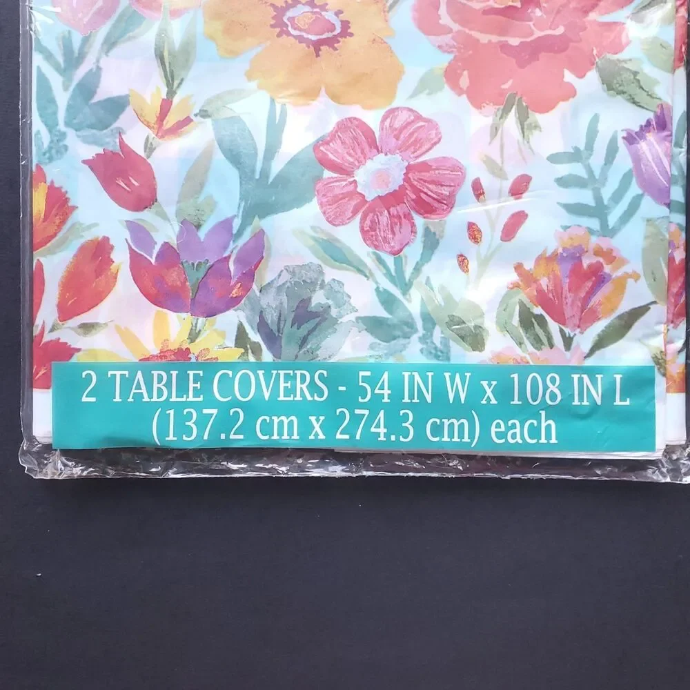 Pioneer Woman Plastic Table Cover 54 x 108 Blooming Plaid Tablecloth 2 in Pack